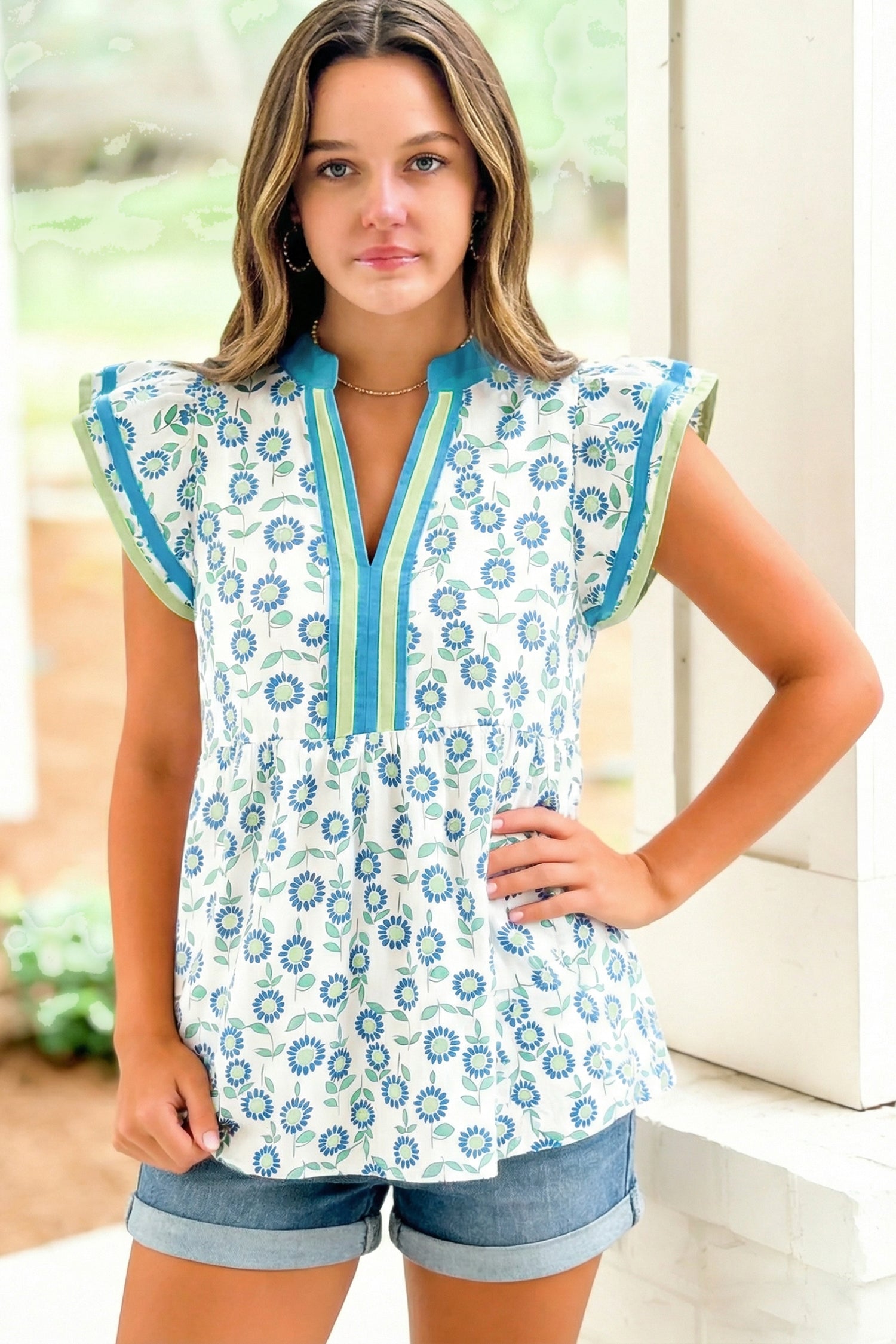 Sunflower Printed Contrast Trim V Neck Flutter Sleeve Blouse