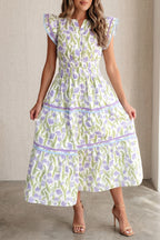Purple Tulip Floral Print Contrast Trim Midi Dress