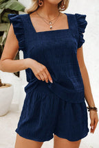 Textured Square Neck Top and Shirred High Waist Shorts Set