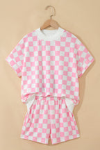 Checkered Print Colour Block Trim Mock Neck Short Set
