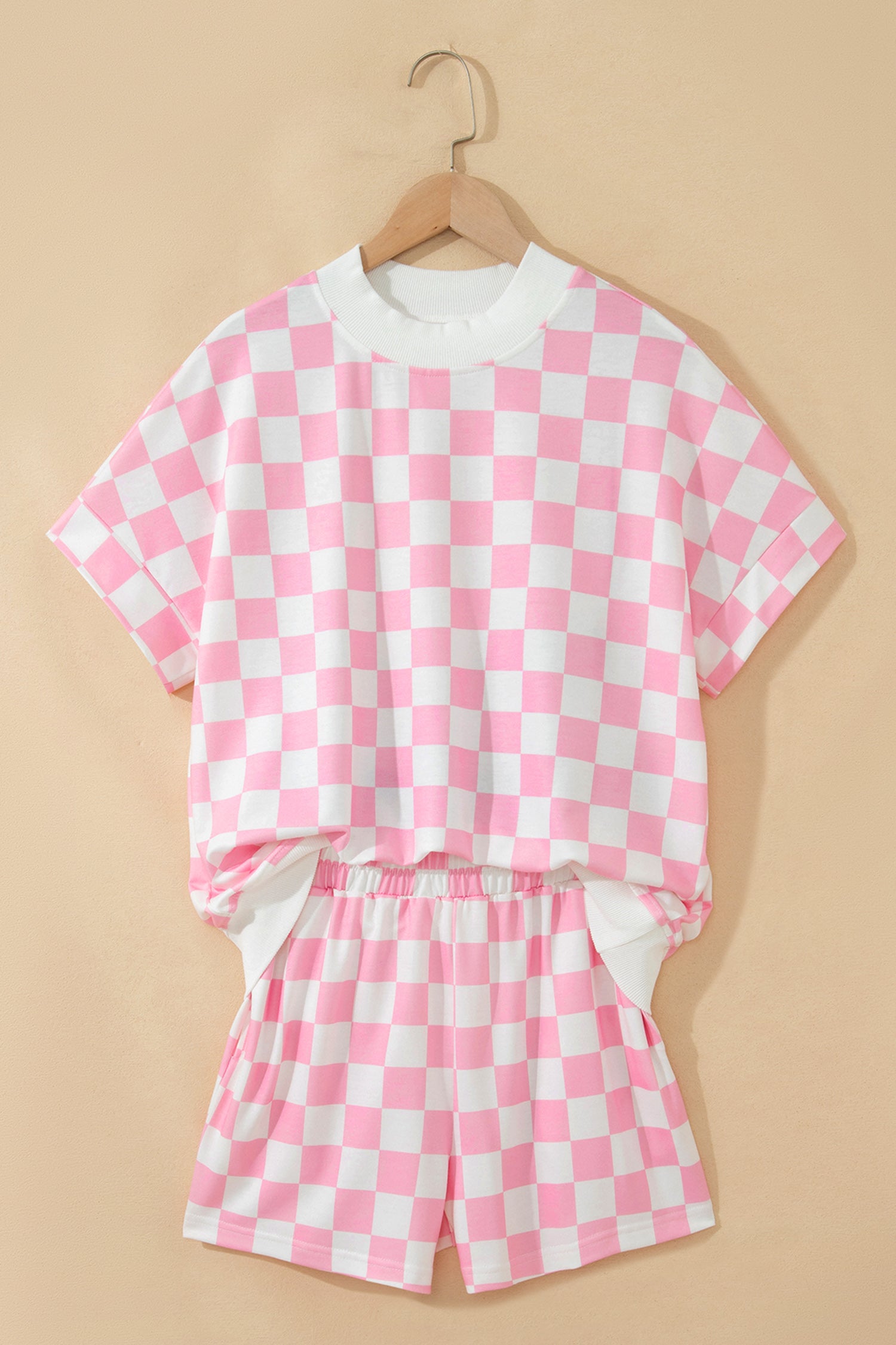 Checkered Print Colour Block Trim Mock Neck Short Set