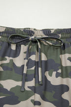Green Tie Elastic Waist Pocketed Plus Size Camo Shorts