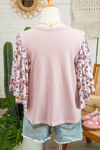 Pink Contrast Floral Patched Flowy Half Sleeve Blouse