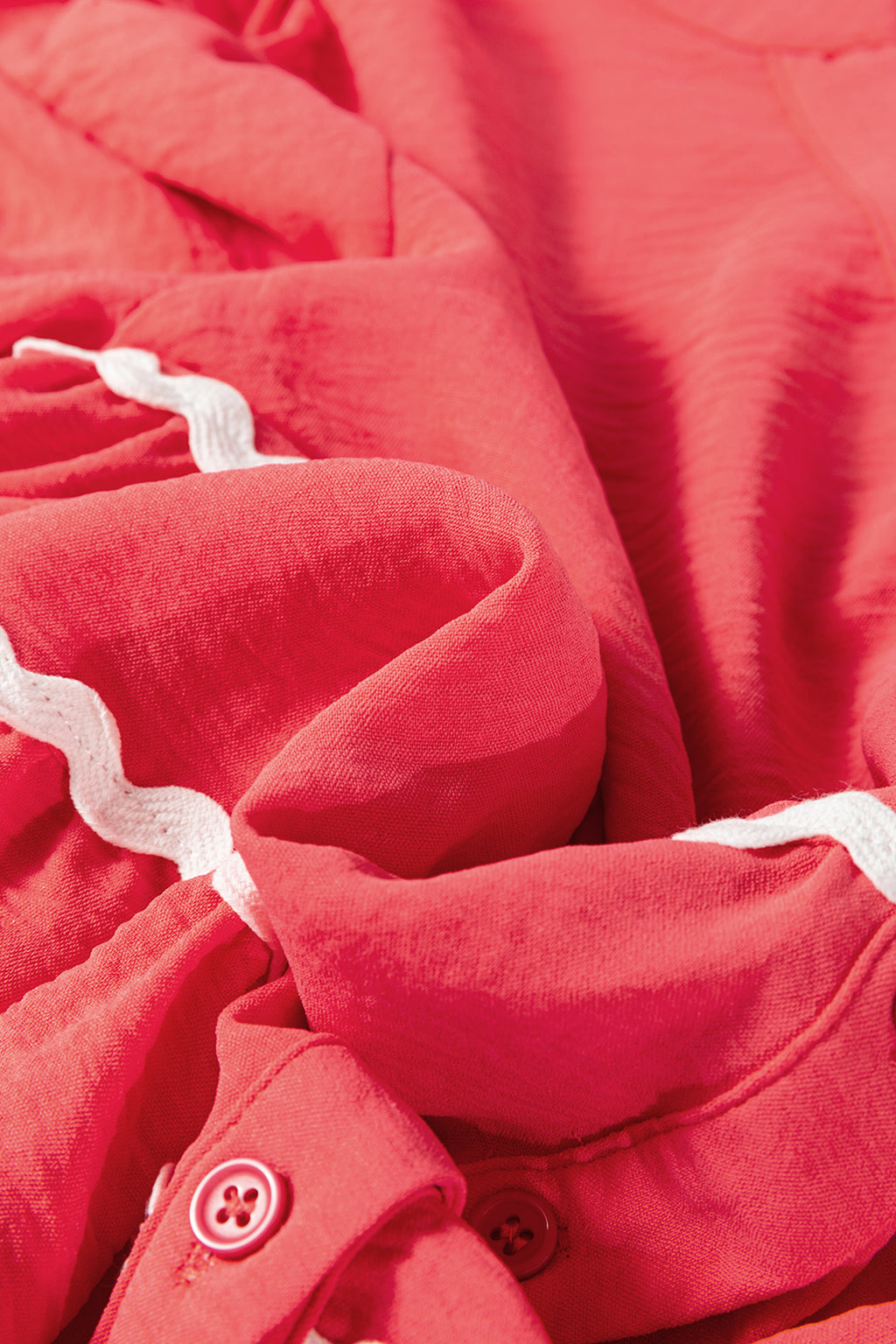 Coral Contrast Ricrac Trim V Neck Button Down Long Sleeve Shirt