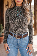 Brown Leopard Print Long Sleeve Round Neck Sheath Pullover Western Style Top
