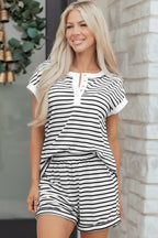 Black Stripe Half Buttons Top and Shorts Set