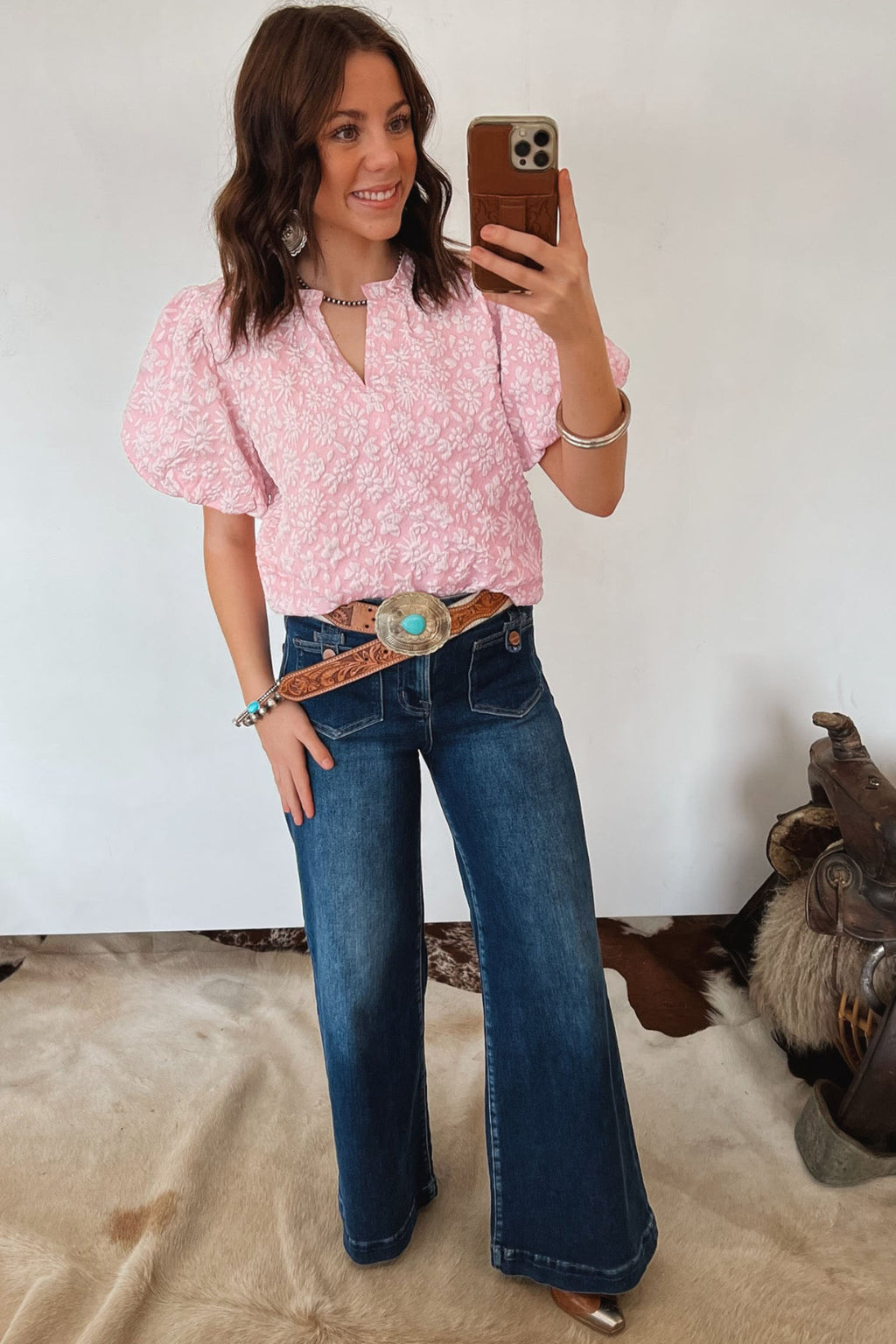 Floral Textured Jacquard Puff Sleeve Blouse