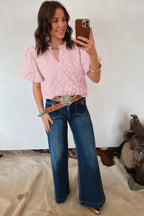 Floral Textured Jacquard Puff Sleeve Blouse