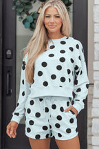 Polka Dot Print Drop Shoulder Pullover Drawstring Shorts Set