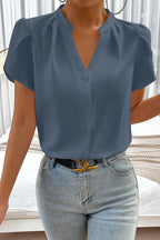 Silky Notched Neckline Petal Sleeve Blouse