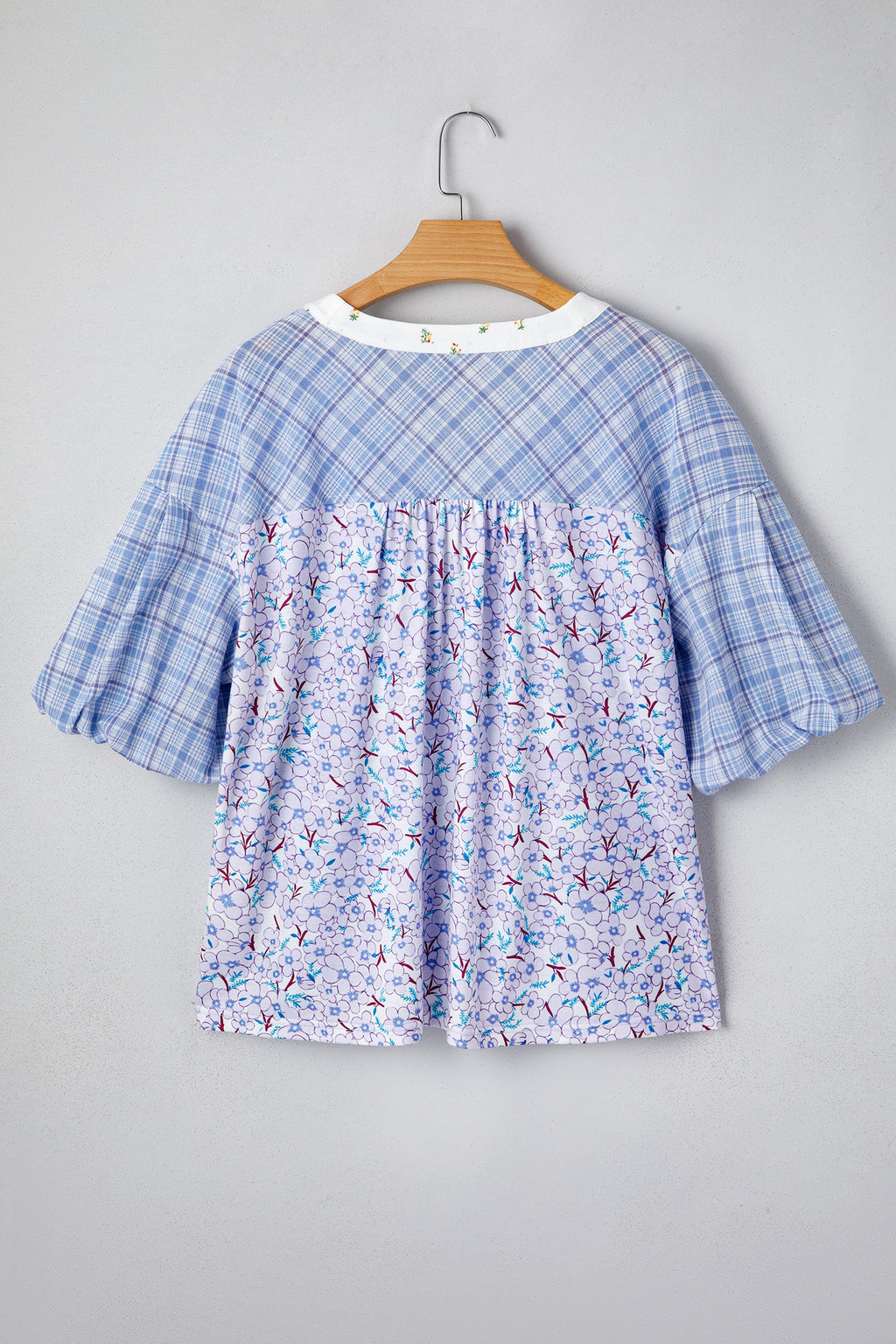 Beau Blue Color Block Plaid Bubble Sleeve Patchwork Blouse