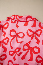 Pink 2pcs Bow Print Shirt Style Long Sleeve Pyjama Set