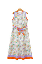 White Floral Print Color Block Trim Belted Sleeveless Maxi Dress