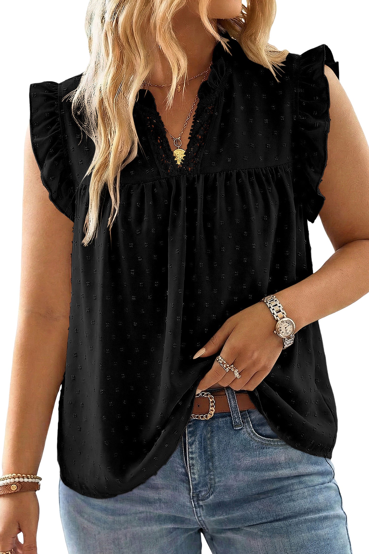 Plus Size Swiss Dot Ruffle Lace Trim V Neck Tank Top