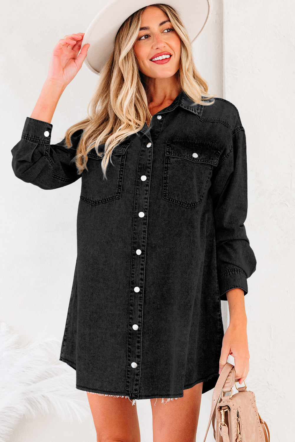 Chest Pocket Raw Hem Denim Loose Shirt Dress