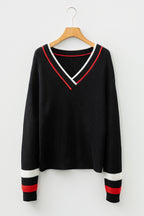 Black Contrast Striped Trim V Neck Drop Shoulder Sweater