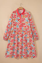 Plus Size Button V Neck Leopard Print Puff Sleeve Loose Mini Dress