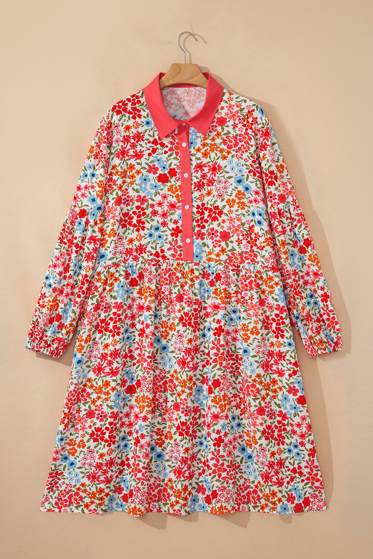 Plus Size Button V Neck Leopard Print Puff Sleeve Loose Mini Dress