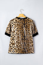Brown Sequin Leopard Pattern Short Sleeve Top