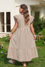 Striped Plus Size Slit V Neck Tiered Flutter Sleeve Maxi Dress