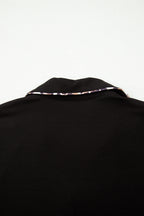 Black Leopard Patchwork Trim Lapel Shirt Drawstring Shorts 2pcs Pajama Set