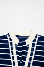 Stripe Stand Collar V Neck Elastic Cuffs Half Sleeve Dolman Top