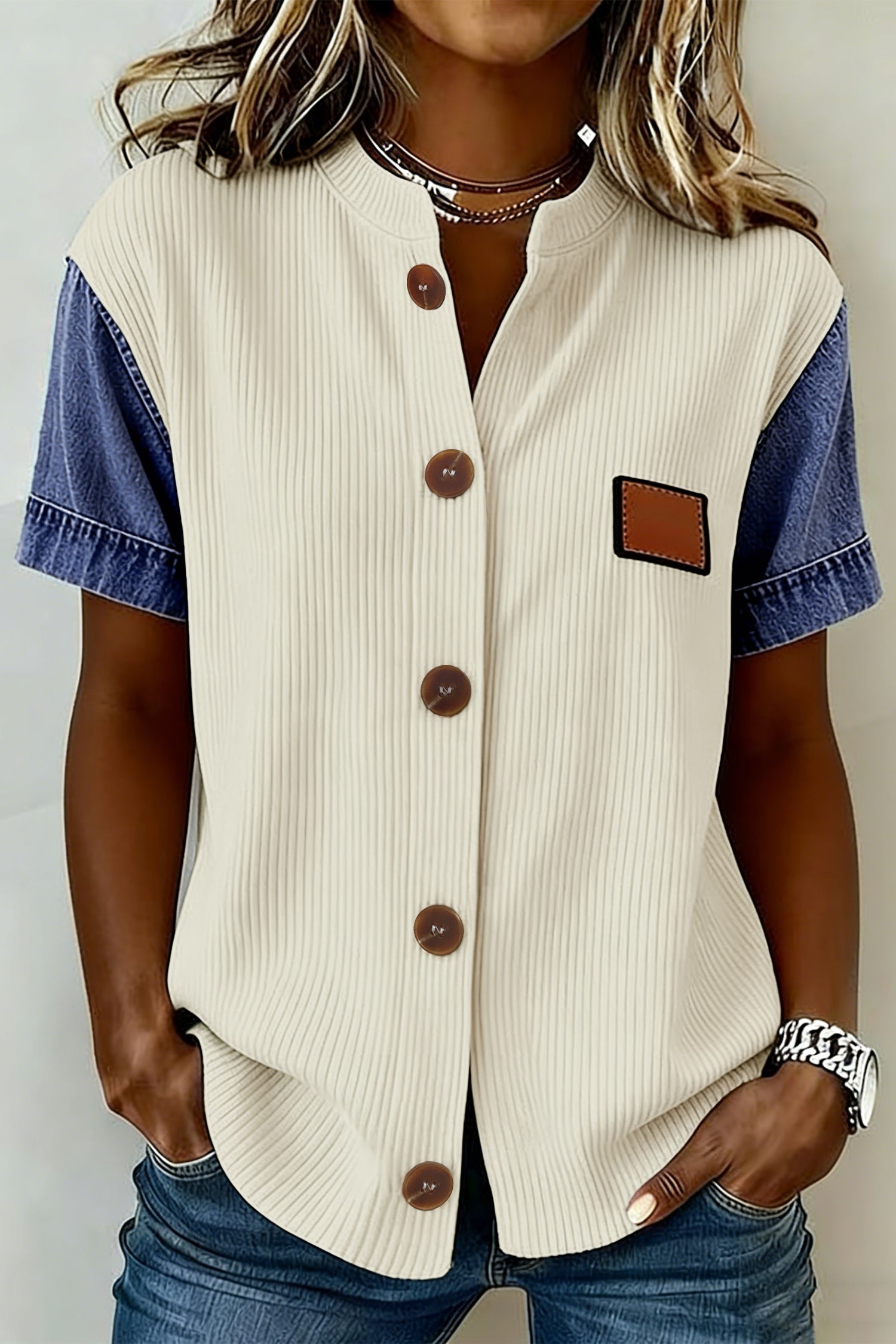 Beige Denim Patchwork Short Sleeve Ribbed Shirt