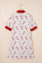 Red Geometric Floral Print Lace Trim Collared Short Sleeve Mini Dress