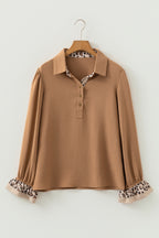 Contrast Leopard Print Patchwork Polo Collar Buttons Front Ruffled Long Sleeve Blouse