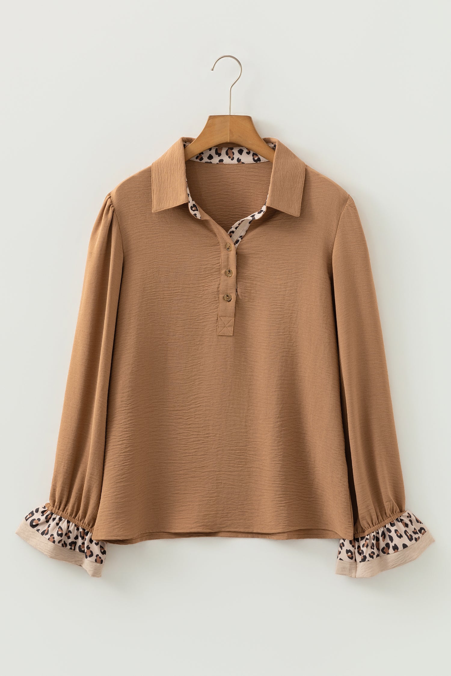 Contrast Leopard Print Patchwork Polo Collar Buttons Front Ruffled Long Sleeve Blouse