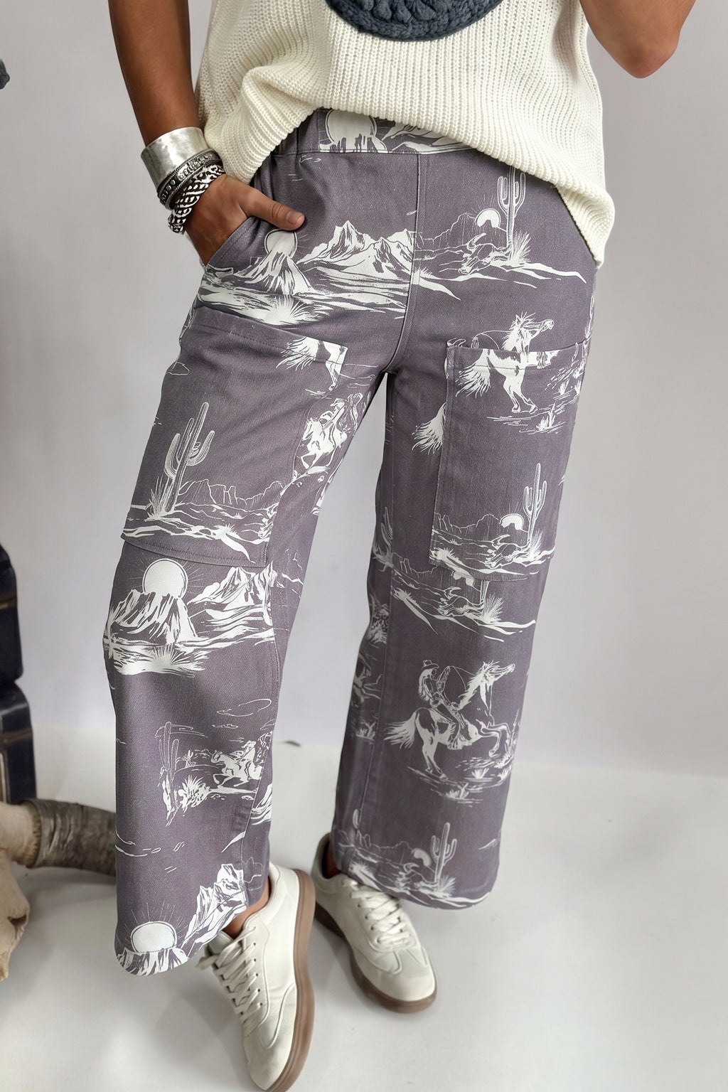 Grey Wild West Riding Vintage Printed Shift Jeans