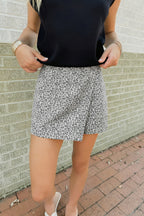 Grey Leopard Print Wrap Front Denim Shorts
