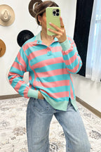 Pink Stripe Colorblock Drop Shoulder Buttoned Collar Side Slit Pullover Top