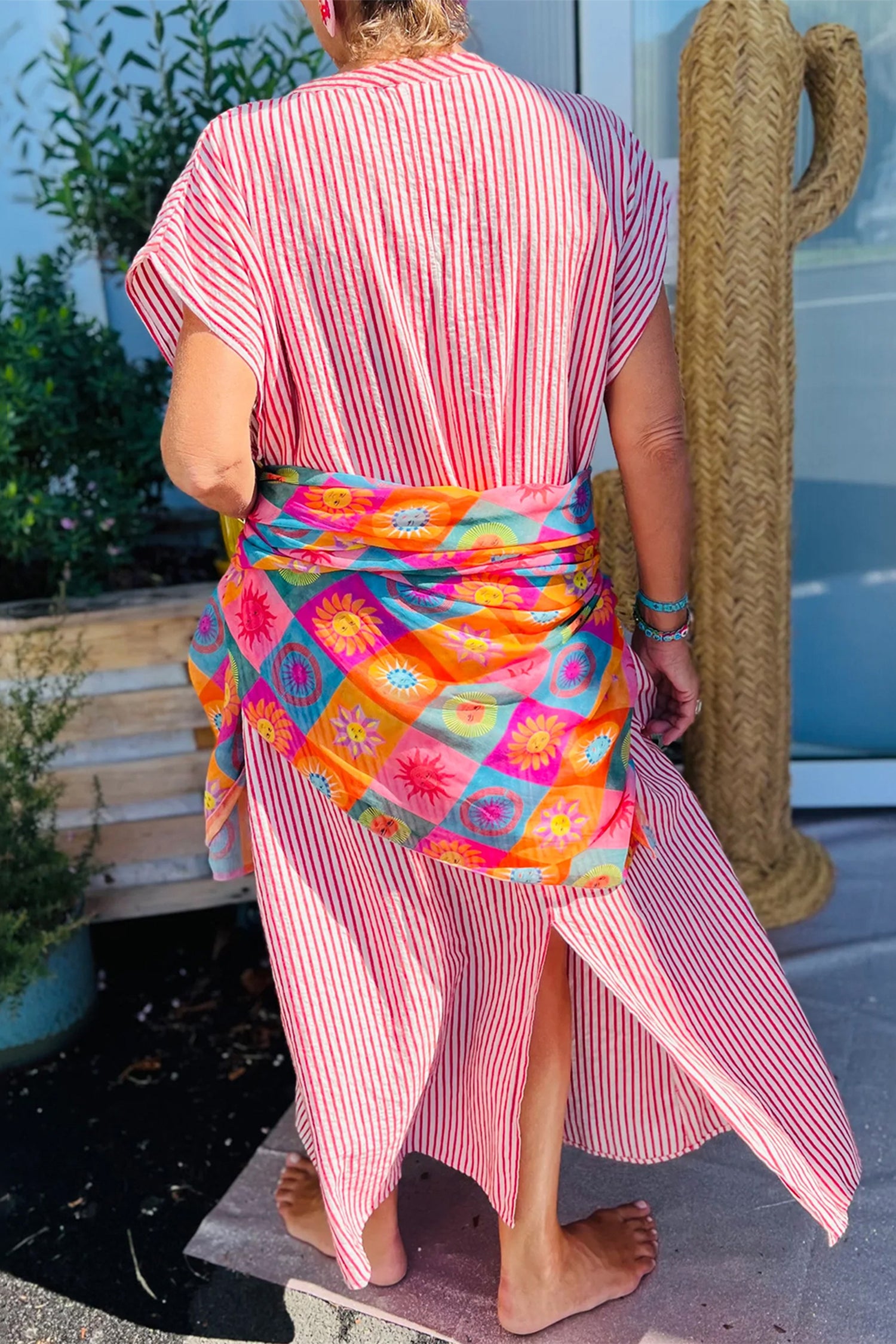 Striped Frilled Detail Half Buttons Short Sleeve Long Dress