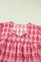 Pink Plus Size Floral Print Tassel Tie Puff Sleeve Cotton Blouse