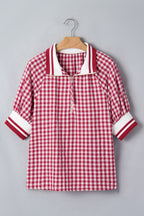 Red Gingham Striped Patchwork Half Zip Blouse