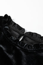Black Frilled Collared Smocked Cuffs Puff Sleeve Velvet Blouse