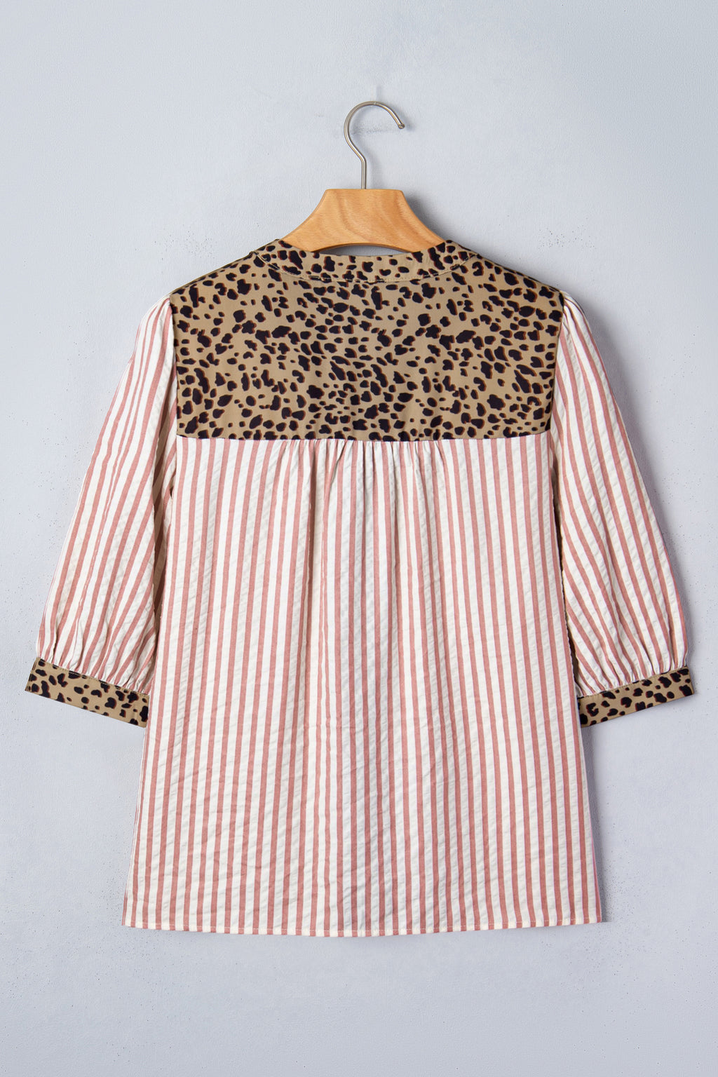 Leopard Trim V Neck Button Down Half Sleeve Shirt