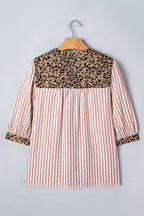 Leopard Trim V Neck Button Down Half Sleeve Shirt