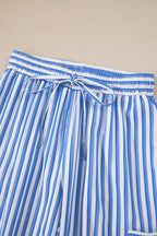 Sky Blue Stripe Drawstring Elastic Waist Patch Pocket Wide Leg Ankle-length Pants