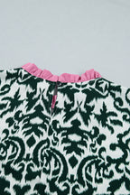 Damask Print Ruffled Colour Block Detail Half Sleeve Blouse