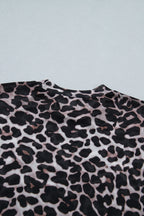 Khaki Leopard Print Sheer Mesh Short Sleeve Top