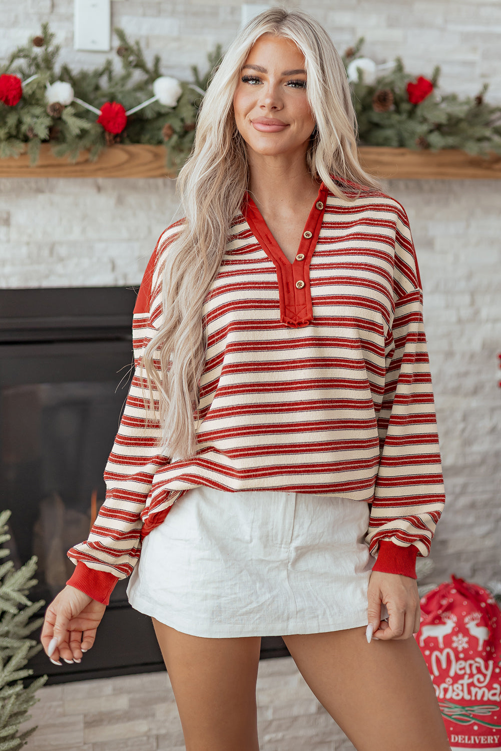 Striped Buttoned V Neck Collared Drop Shoulder Top