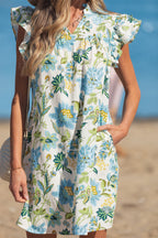 Beige Floral Print V Neck Triple Ruffle Short Sleeve Shift Mini Dress