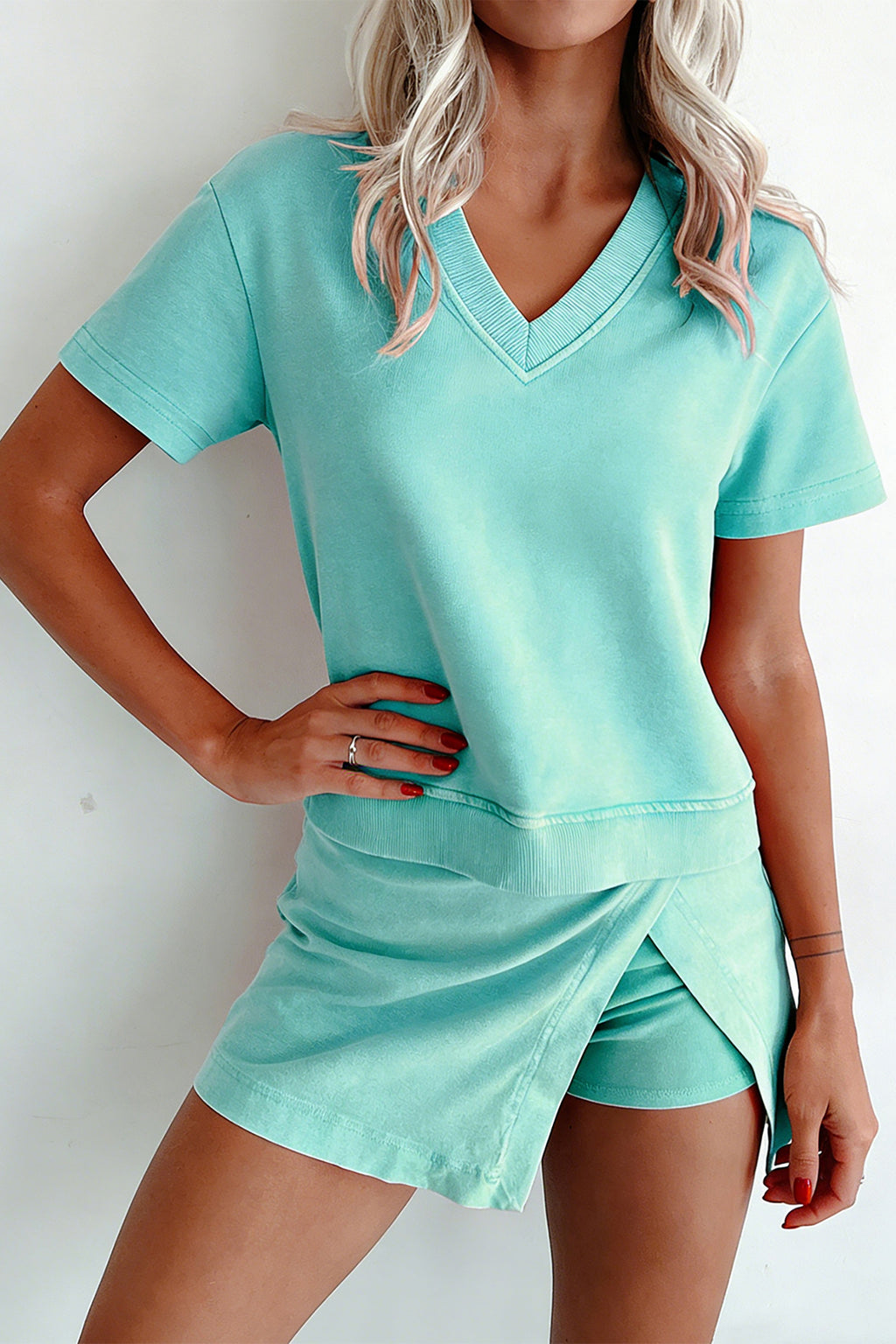 Mineral Wash V Neck Tee Matching Skort Set