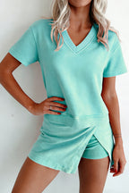Mineral Wash V Neck Tee Matching Skort Set