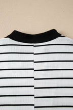 Stripe Stand Collar V Neck Elastic Cuffs Half Sleeve Dolman Top