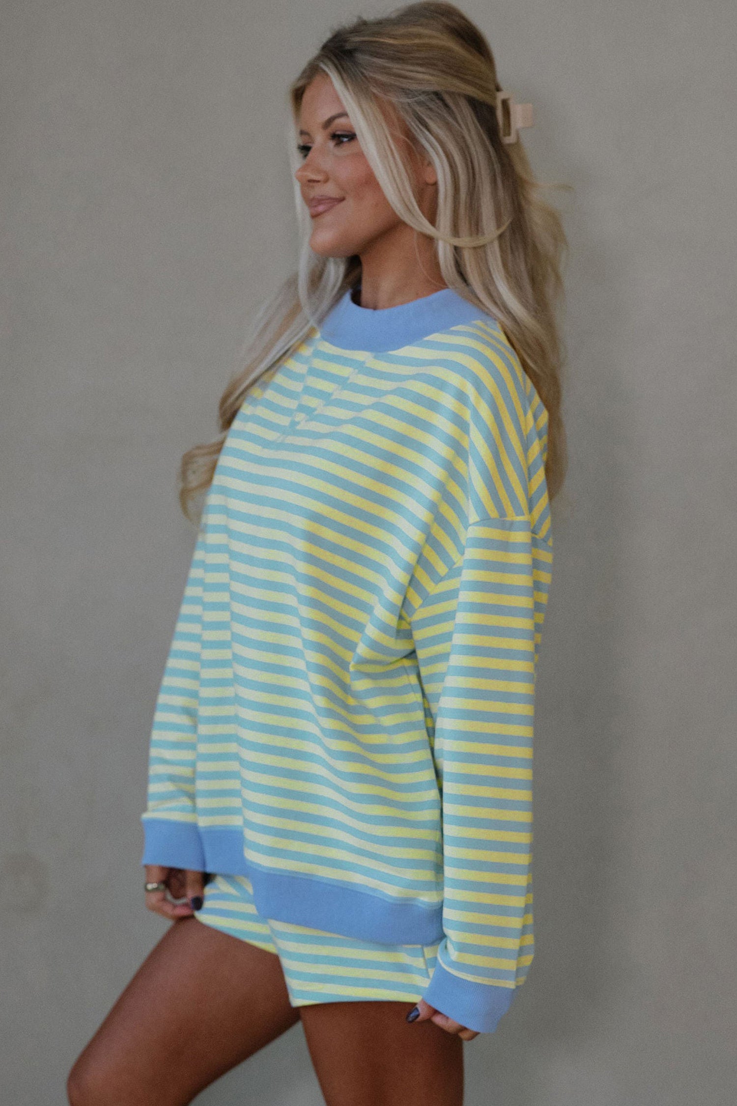 Striped Color Block Detail Long Sleeve Pullover Elastic Waist Pull On Shorts 2pcs Set