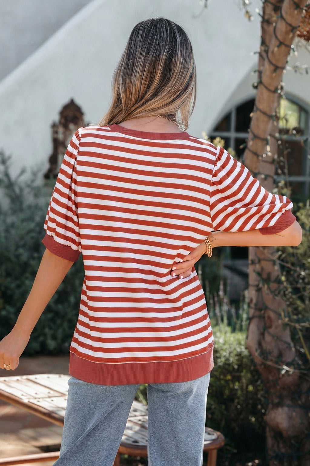 Striped Short Bubble Sleeve T Shirt