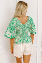 Green Flirty Floral Smocked V Neck Blouse